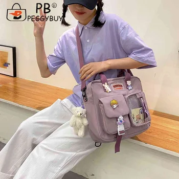 Kawaii Omuz Sırt Çantası Koreli Öğrenciler Japon okul çantası Karikatür Sevimli Kız Seyahat çapraz postacı çantası rozet pimleri ile