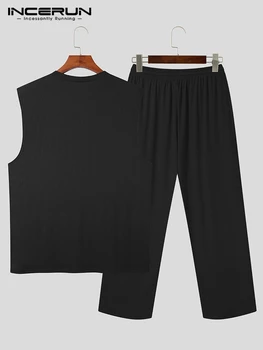INCERUN Erkekler Rahat Setleri Düz Renk Yaz O-Boyun Kolsuz Tankı Üstleri ve Pantolon İki Adet Setleri Streetwear 2022 Erkek Takım Elbise S-5XL