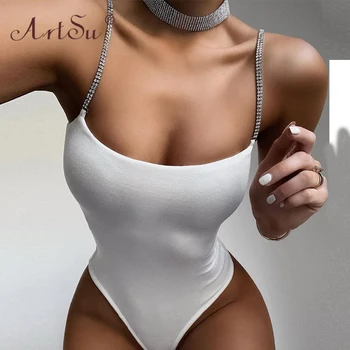 ArtSu Elmas Boncuk Sapanlar Moda Seksi Bodysuits Kadınlar Vücut Üstleri Kulübü Parti Backless Bodysuit Romper Kadın Siyah Beyaz 2020 0