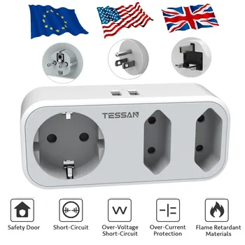 TESSAN Avrupa İngiltere Amerika Seyahat Adaptörü ile 3 Soket ve 2 USB Bağlantı Noktası, duvar tipi USB şarj cihazı İNGİLTERE ABD AB Fişleri (Tip G/B/E/F)
