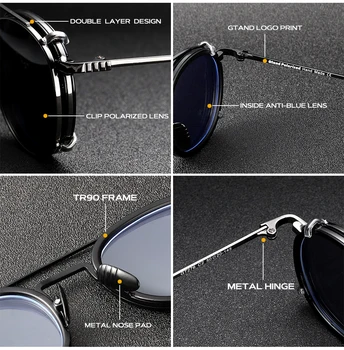Gtand Vintage Yuvarlak Metal SteamPunk Tarzı Polarize güneş gözlüğü üzerinde klip Lens Çıkarılabilir TR90 güneş gözlüğü Anti Mavi gözlük çerçevesi 2