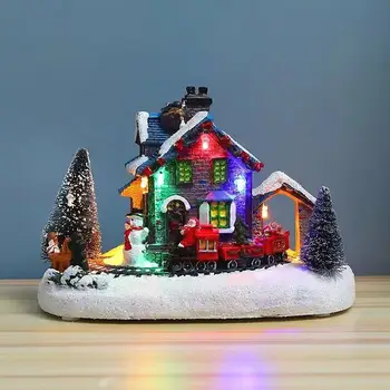 Noel süslemeleri renkli ışık evi küçük tren kar evi reçine el sanatları avrupa tarzı LED masaüstü süs yeni yıl hediye 0