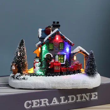Noel süslemeleri renkli ışık evi küçük tren kar evi reçine el sanatları avrupa tarzı LED masaüstü süs yeni yıl hediye 2