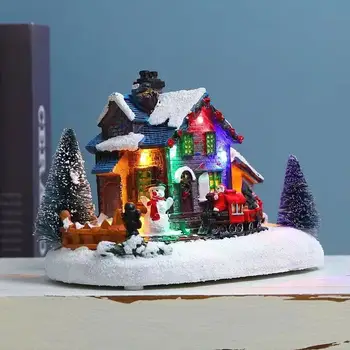 Noel süslemeleri renkli ışık evi küçük tren kar evi reçine el sanatları avrupa tarzı LED masaüstü süs yeni yıl hediye 4