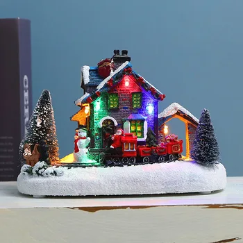 Noel süslemeleri renkli ışık evi küçük tren kar evi reçine el sanatları avrupa tarzı LED masaüstü süs yeni yıl hediye 5