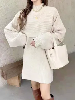 Sonbahar Kış Kore Moda Rahat Örme İki Parçalı Set Kadın Balıkçı Yaka Pelerin Kazak Tops + Mini Elbise Takım Elbise Zarif 2 adet Set