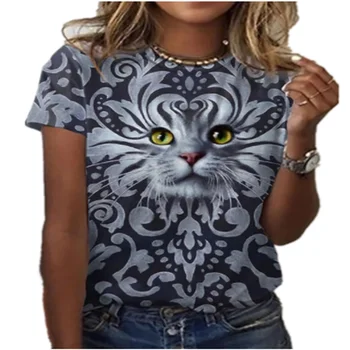 Bayanlar 3D baskılı tişört Sevimli Kedi Yuvarlak Boyun Kısa Kollu Rahat Moda Niş Tasarım Hayvan Giyim 2022 Yeni Gömlek