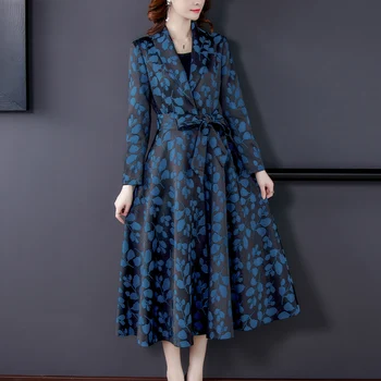 Güz Bahar Kadınlar Vintage Kadınlar Armürlü Çiçek Mavi Uzun Trençkot, rahat 4xl Yüksek Waisted Kabanlar Palto Kadın Giysileri için