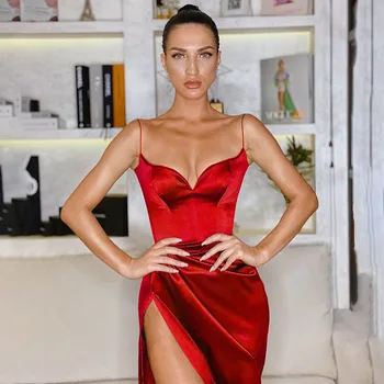 Kadın Bölünmüş Askı kemerli elbise Zarif Şeftali Yaka Seksi İnce Uzun Elbiseler 2022 Yaz Moda Plaj Parti Elbise Streetwear