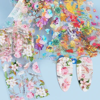 10 Adet Çiçekler Kelebek renkli tırnaklar Çıkartmalar Folyo Seti Manikür Gül Transferi Sticker İpuçları DIY Yaz Tırnak Sanat Süslemeleri