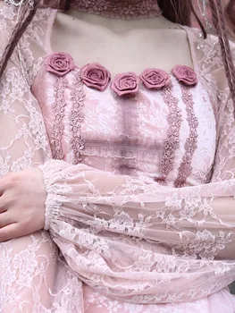 Kan Kaynağı Orijinal Örgü Bluz Kadınlar Bahar Romantik Gül Pembe Kare Yaka Uzun Fener Kollu Kadife Dantel Üst Gotik Blusa