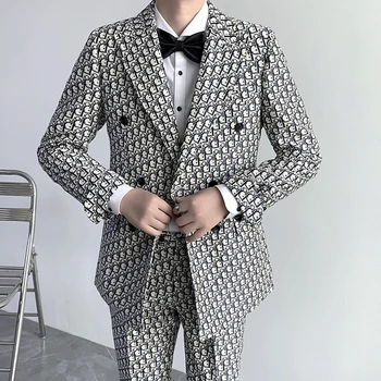 Erkek Takım Elbise 2 Parça Baskılı Ceket Pantolon Düğün Damat Smokin Resmi İş Blazer Groomsmen Slim Fit Kıyafet