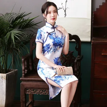 Renkli Yaz Modern Cheongsam Midi Çince Geleneksel Parti Elbise Moda Ince Çiçek Vintage Zarif Tost Kızlık Qipao