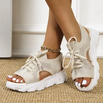 2022 Yaz Kadın Sandalet Örgü rahat ayakkabılar Beyaz Kalın Tabanlı Dantel-Up Sandalias Burnu açık plaj ayakkabısı Kadınlar için Yeni Zapatos Mujer