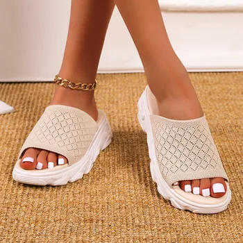 2022 Yaz Kadın Sandalet Örgü rahat ayakkabılar Beyaz Kalın Tabanlı Dantel-Up Sandalias Burnu açık plaj ayakkabısı Kadınlar için Yeni Zapatos Mujer 2