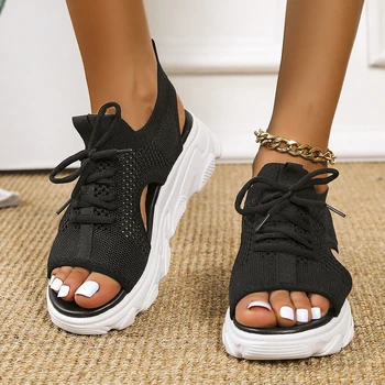 2022 Yaz Kadın Sandalet Örgü rahat ayakkabılar Beyaz Kalın Tabanlı Dantel-Up Sandalias Burnu açık plaj ayakkabısı Kadınlar için Yeni Zapatos Mujer 3