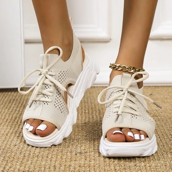 2022 Yaz Kadın Sandalet Örgü rahat ayakkabılar Beyaz Kalın Tabanlı Dantel-Up Sandalias Burnu açık plaj ayakkabısı Kadınlar için Yeni Zapatos Mujer 5