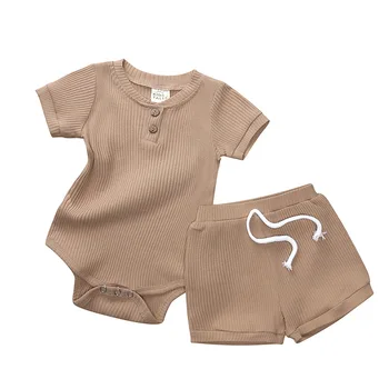 Yenidoğan Bebek Kız Elbise Pamuk Unisex Katı Bebek Çocuk Elbise Setleri Bodysuits+Pantolon Yaz Kısa Kollu
