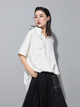 [EAM] Kadın Siyah Geri Uzun Büyük Boyutu Rahat Bluz V yaka Kısa Kollu Gevşek Uygun Gömlek Moda Bahar Yaz 2023 Yeni 1DE8729
