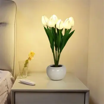 Lale Saksı Masa Lambası Simülasyon Seramik led ışık Atmosfer Başucu Gece Lambası Yatak odası Ev Dekor Akülü Masa Lambaları 0