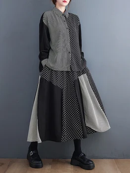 2022 Sonbahar Vintage Çizgili Polka Dot Büyük Boy Rahat 2 İki Parçalı Set Uzun Kollu Gevşek Kadın Gömlek moda giyim Etek Takım Elbise