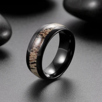 8mm Geyik Boynuz Yüzük Kubbeli Siyah Titanyum Düğün Bantları erkek Açık yıldönümü yüzüğü Nişan söz yüzüğü Erkekler Kadınlar İçin 0
