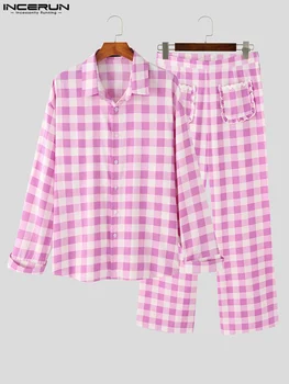 INCERUN Amerikan Tarzı Yeni Erkek Ekose Takım Elbise 2 Adet Uzun kollu Yaka Düğmeleri Gömlek Cep Pantolon Rahat İki parçalı Setleri S-5XL