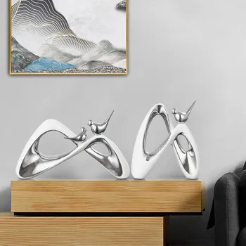 Iskandinav Modern Beyaz Gümüş Seramik Kuşlar Figürler El Sanatları Masaüstü Minyatür Ev Mobilya Dekorasyon Yaratıcı Düğün Hediyesi