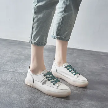 Hakiki Deri kadın Rahat Vulkanize Tasarımcı İnek Derisi Spor Yürüyüş koşu ayakkabıları İlkbahar Yaz Beyaz Bayan Flats Sneakers