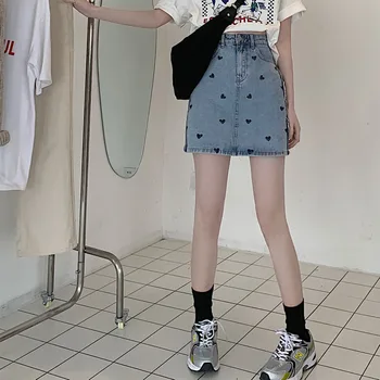 GOKİ Kadın Kot Etek Yaz Bir Çizgi Mini Etek Yüksek Bel Moda Kot Mavi Baskı Aşk Kore Rahat Pamuk Skeç 0