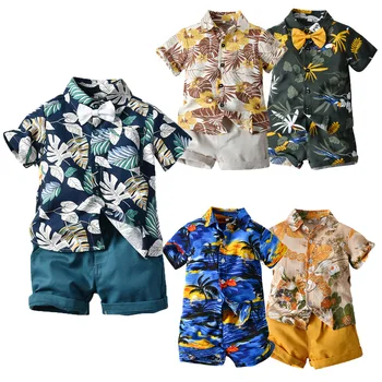1 - 6Y Çiçek Bebek Erkek Giysileri Set Yaz Kısa Kollu Gömlek Üst + Pantolon 2 Adet Beyefendi Roupa Infantil Pra Menino Plaj Çocuk Setleri