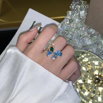 2021 Kore Şık Mavi Kristal Zirkon Kelebek Yüzük Moda Açık Ayarlanabilir İşaret Parmağı Yüzük Düğün Parti Takı Kadınlar İçin