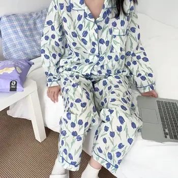 Kadınlar Çiçek Pijama Setleri Uzun Kollu Üstleri Ayak Bileği Uzunlukta Pantolon Rahat Tatlı Pijama Gençler Güzel Kadın Salonu Gevşek Moda 3