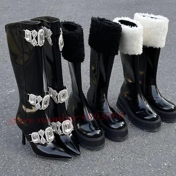 Gümüş Kristal Patent Deri Uzun Çizmeler Kadın Lüks Bling Sivri Burun siyah ayakkabı Kadın Trend Sonbahar Diz Yüksek Topuklu Çizmeler 1