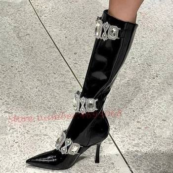 Gümüş Kristal Patent Deri Uzun Çizmeler Kadın Lüks Bling Sivri Burun siyah ayakkabı Kadın Trend Sonbahar Diz Yüksek Topuklu Çizmeler 3
