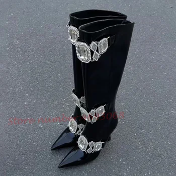 Gümüş Kristal Patent Deri Uzun Çizmeler Kadın Lüks Bling Sivri Burun siyah ayakkabı Kadın Trend Sonbahar Diz Yüksek Topuklu Çizmeler 5