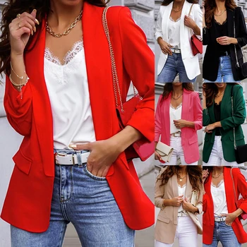 2023 Yeni Kadın Zarif Gevşek Blazer Ceketler Ofis Bayanlar Blazers İş Giysisi Moda Uzun Kollu Ceket Dış Giyim 3