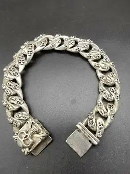 Eski Çin tibet gümüş el oyma Kafatası şanslı Bilezik