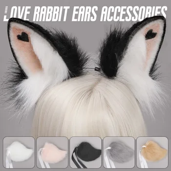 Gerçekçi Sevimli Kürklü Tavşan Kulaklar Kafa Bandı Peluş Tavşan Kuyruk Hayvan Kuyruk Cosplay Sahne Kadın Güzel Lolita saç aksesuarları 0
