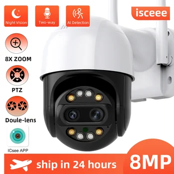 4K PTZ WiFi Kamera Çift Lens 8MP Siyah Açık Gözetim Kamera CCTV 8.0 X Dijital Zoom İki Yönlü Ses Renkli Görüş IP Kameralar 4