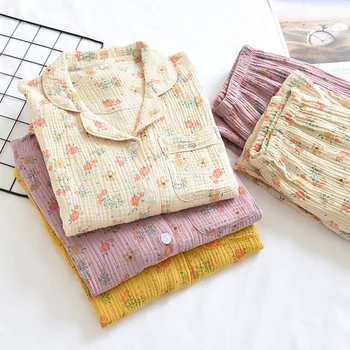 Bahar Yeni Kadın Pamuk Krep Pijama Set kadın Tüm Mevsim Turn-Aşağı Yaka Küçük Çiçek Pamuk Büyük Ev Pijama Set