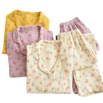 Bahar Yeni Kadın Pamuk Krep Pijama Set kadın Tüm Mevsim Turn-Aşağı Yaka Küçük Çiçek Pamuk Büyük Ev Pijama Set 1