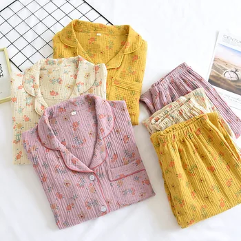 Bahar Yeni Kadın Pamuk Krep Pijama Set kadın Tüm Mevsim Turn-Aşağı Yaka Küçük Çiçek Pamuk Büyük Ev Pijama Set 2