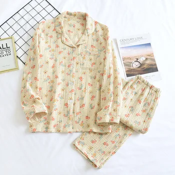 Bahar Yeni Kadın Pamuk Krep Pijama Set kadın Tüm Mevsim Turn-Aşağı Yaka Küçük Çiçek Pamuk Büyük Ev Pijama Set 3
