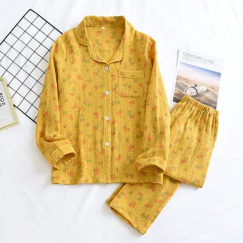 Bahar Yeni Kadın Pamuk Krep Pijama Set kadın Tüm Mevsim Turn-Aşağı Yaka Küçük Çiçek Pamuk Büyük Ev Pijama Set 4