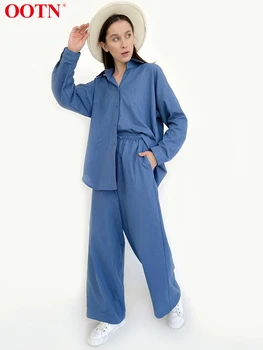 OOTN 2022 Yaz Rahat İki Parçalı Set Mavi Bluz Kıyafet Takım Elbise Kadın Yeşil Gömlek Üst Pamuk Geniş Bacak Şort 2 parça Setleri Moda 1