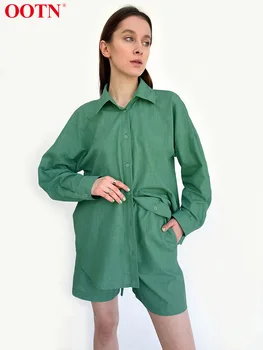 OOTN 2022 Yaz Rahat İki Parçalı Set Mavi Bluz Kıyafet Takım Elbise Kadın Yeşil Gömlek Üst Pamuk Geniş Bacak Şort 2 parça Setleri Moda 3