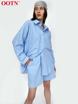 OOTN 2022 Yaz Rahat İki Parçalı Set Mavi Bluz Kıyafet Takım Elbise Kadın Yeşil Gömlek Üst Pamuk Geniş Bacak Şort 2 parça Setleri Moda 4