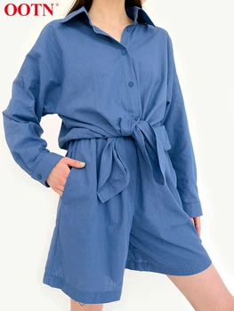 OOTN 2022 Yaz Rahat İki Parçalı Set Mavi Bluz Kıyafet Takım Elbise Kadın Yeşil Gömlek Üst Pamuk Geniş Bacak Şort 2 parça Setleri Moda 5
