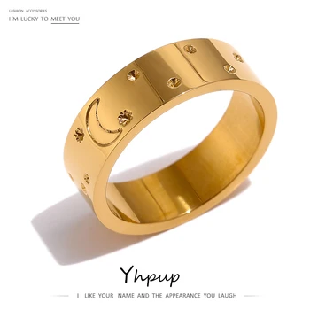 Yhpup Stainless Steel Moon Star Ring Trendy Texture Metal 18 K Simple Finger Ring For Women бижутерия для женщин Wedding Gift 2
